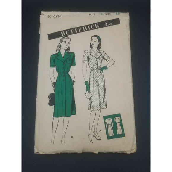 Butterick 1940's Women's Shirtwaist Dress Sewing Pattern #K-6816 Size 16 - Picture 1 of 3